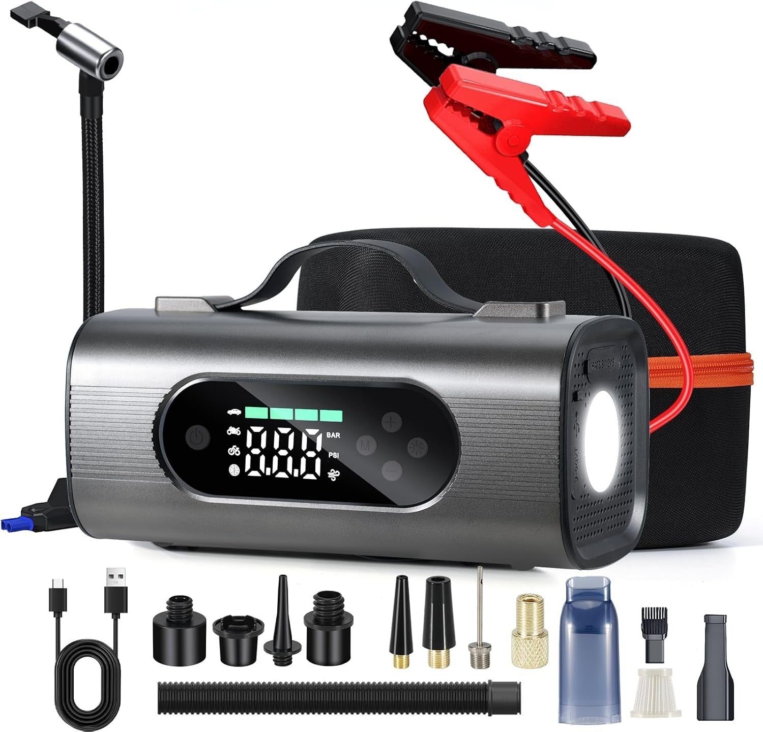 8-in-1 Portable Car Battery Starter with Air Compressor, Vacuum, and LCD Display – 1000A Jump Starter 12V