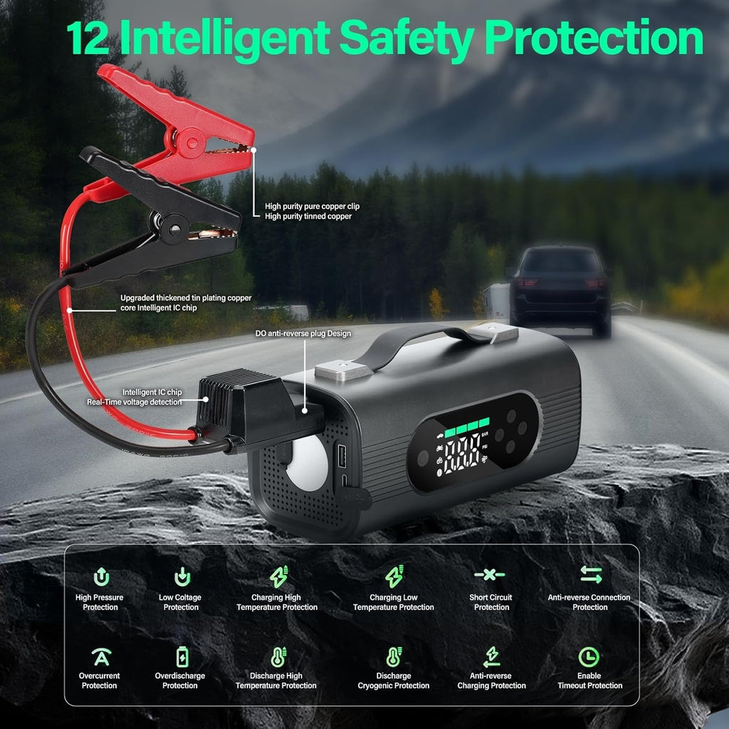 8-in-1 Portable Car Battery Starter with Air Compressor, Vacuum, and LCD Display – 1000A Jump Starter 12V
