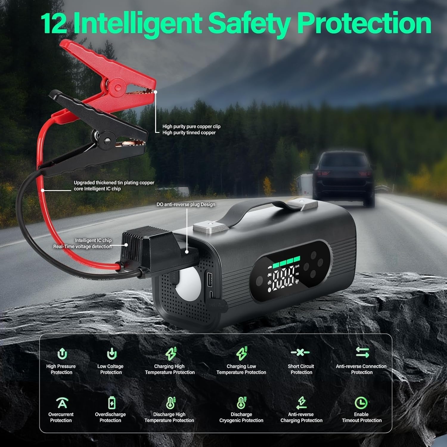 8-in-1 Portable Car Battery Starter with Air Compressor, Vacuum, and LCD Display – 1000A Jump Starter 12V