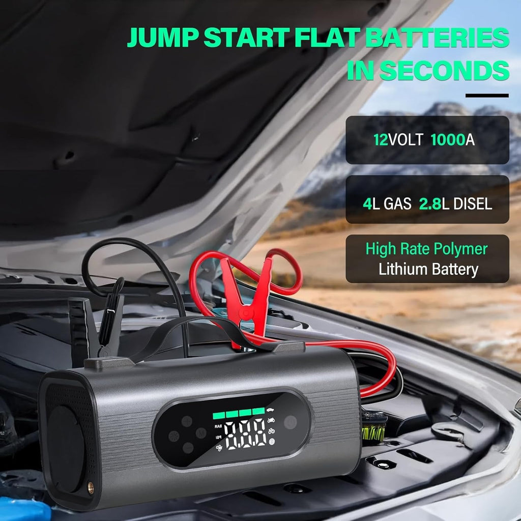 8-in-1 Portable Car Battery Starter with Air Compressor, Vacuum, and LCD Display – 1000A Jump Starter 12V