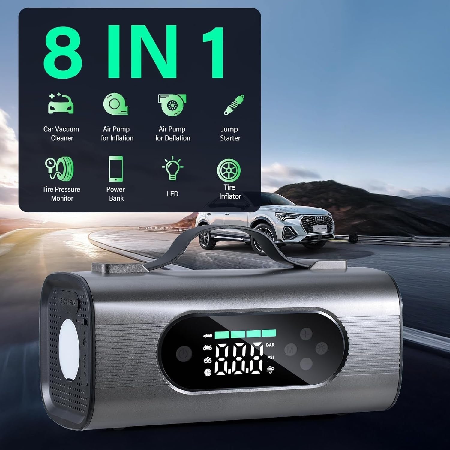 8-in-1 Portable Car Battery Starter with Air Compressor, Vacuum, and LCD Display – 1000A Jump Starter 12V