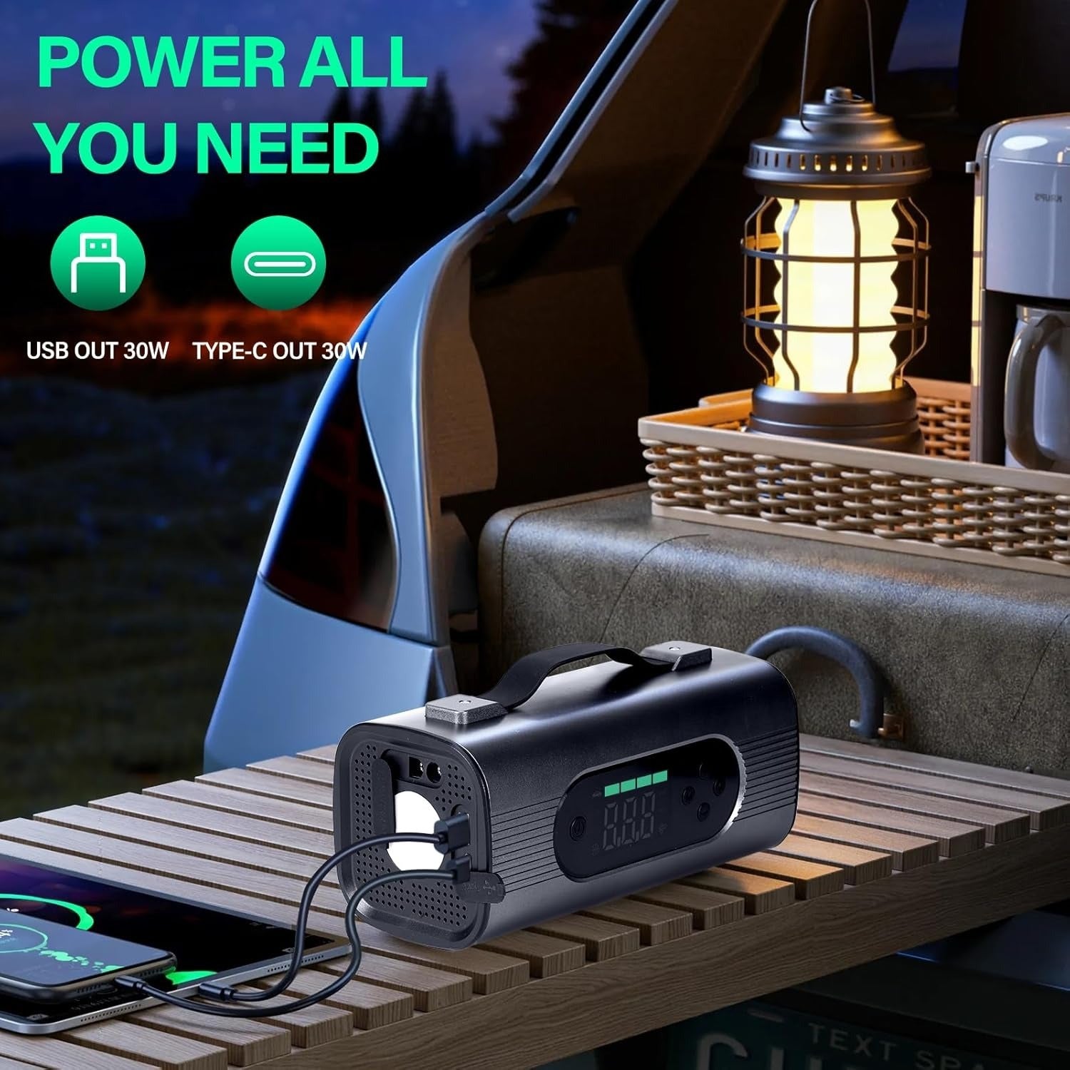 8-in-1 Portable Car Battery Starter with Air Compressor, Vacuum, and LCD Display – 1000A Jump Starter 12V