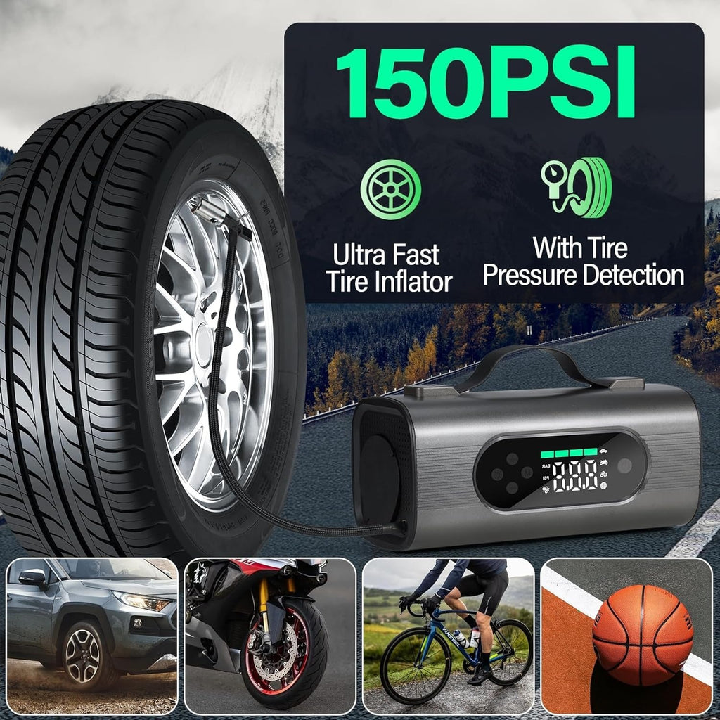 8-in-1 Portable Car Battery Starter with Air Compressor, Vacuum, and LCD Display – 1000A Jump Starter 12V