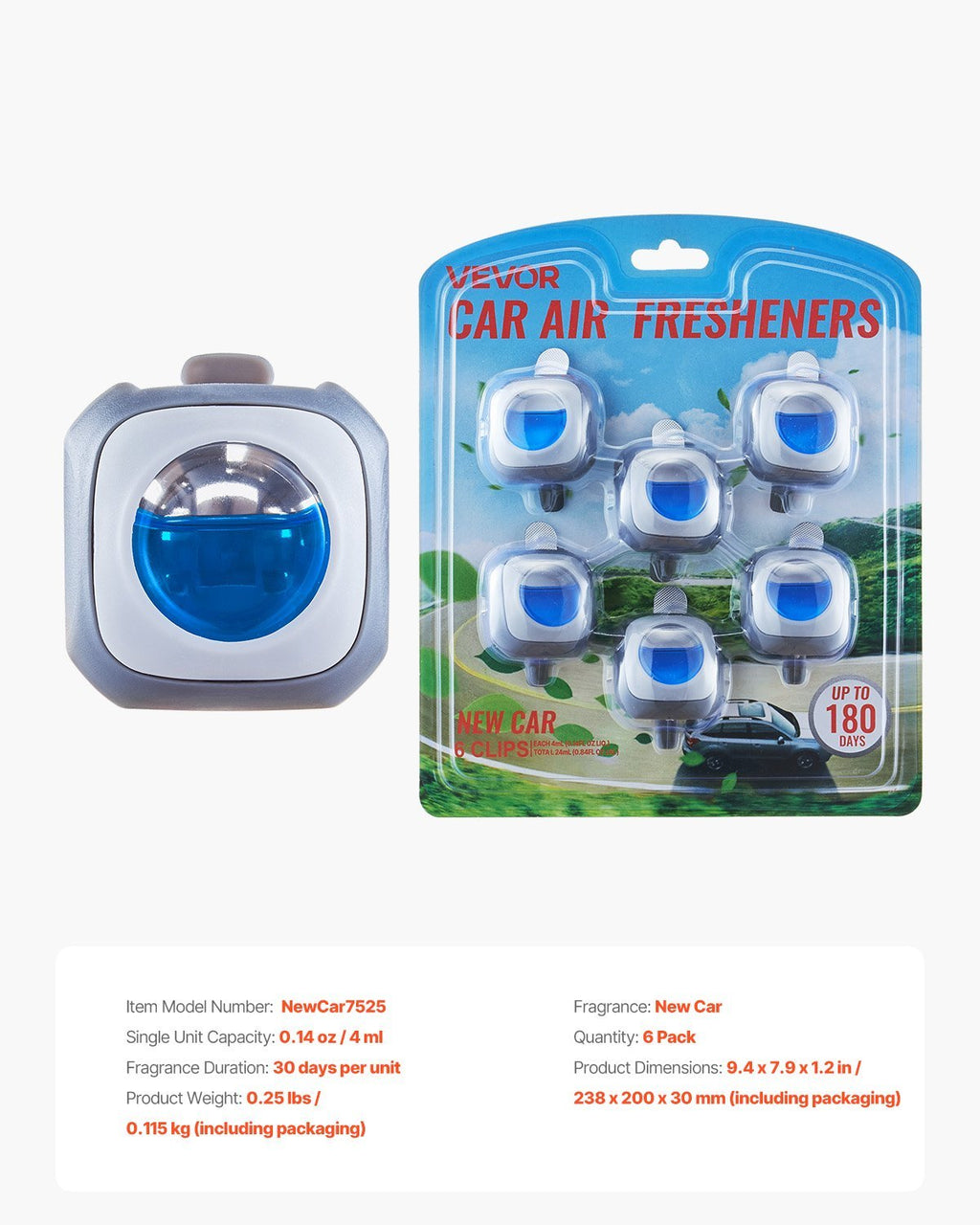 Vevor Car Air Freshener 6-Pack Vent Clip – New Car Scent (4ml Each)