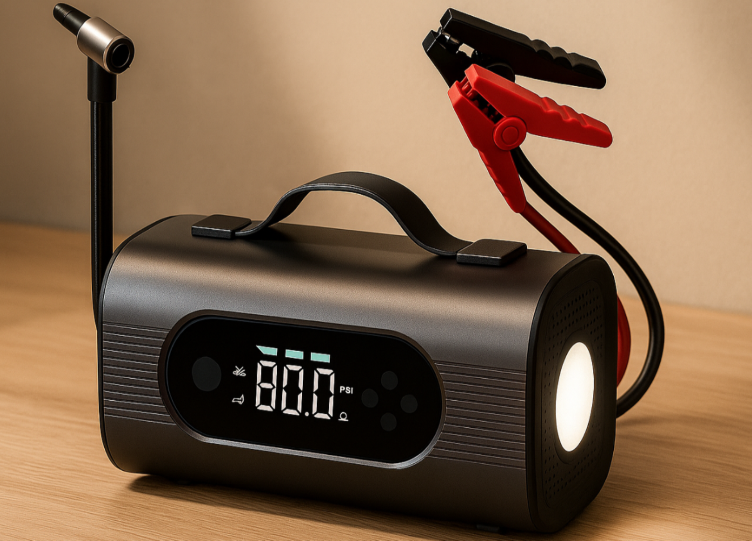 8-in-1 Portable Car Battery Starter with Air Compressor, Vacuum, and LCD Display – 1000A Jump Starter 12V